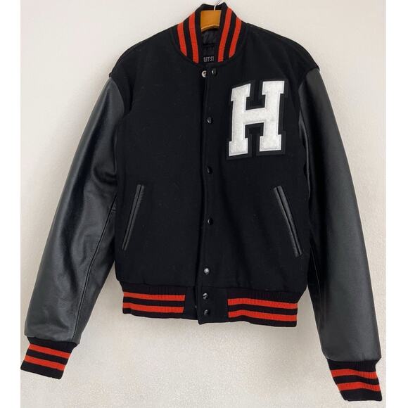 Stewart And Strauss VTG Varsity Jacket Men S Black Orange Melton Wool Leather - Picture 1 of 9